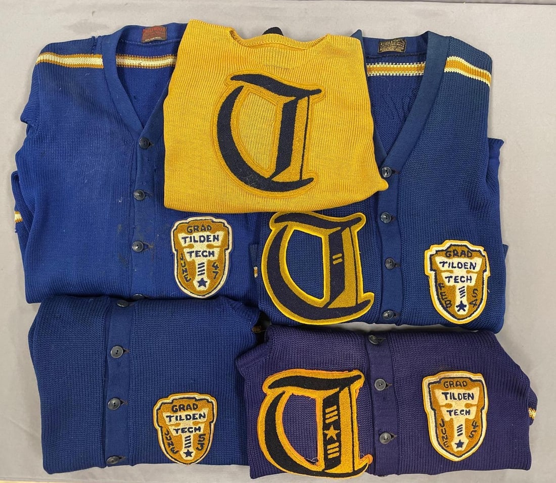 Group of Vintage Tilden Tech H.S. Patch Sweaters: All have holes, some with name stitched inside. Sizes small to large