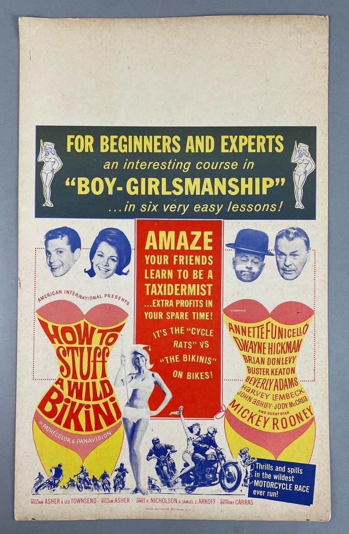 1965 How to Stuff a Wild Bikini Cardboard Movie Poster: Tear at bottom, measures 22 x 13 3/4 inches