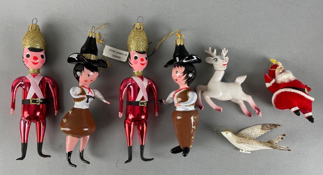 Group of Christmas Ornaments: Includes vintage Santa, painted glass ornaments. Largest measures 8 inches tall