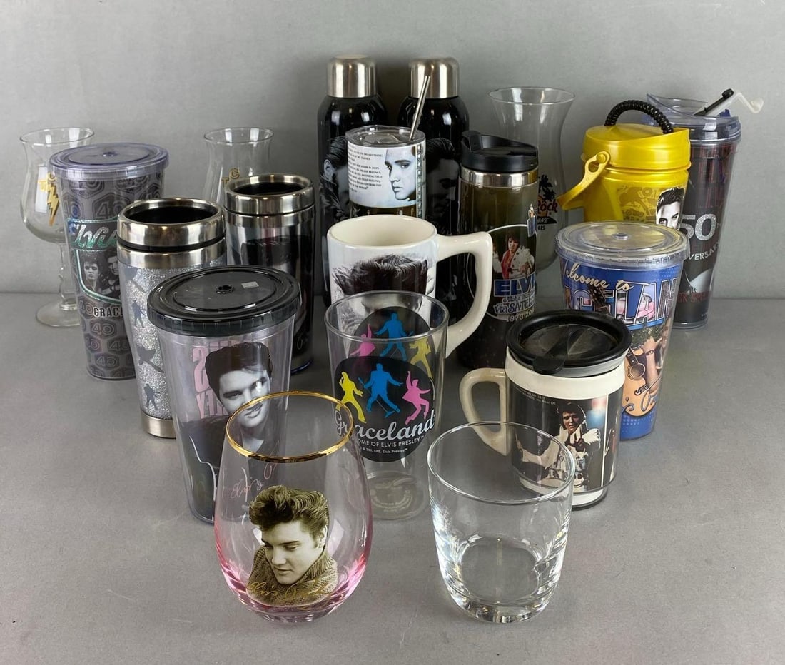 Group of 20 Elvis Presley Drink-ware: Include tumblers, wine glass, mug and more. Largest item measures 11 x 3 inches.