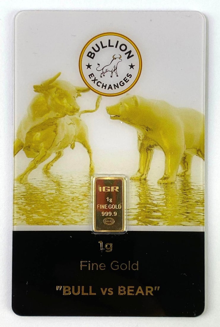 Bullion Exchanges Bull Vs Bear 1 gram .999 Fine Gold Ingot: Bullion Exchanges Bull Vs Bear 1g .999 Fine Gold Ingot