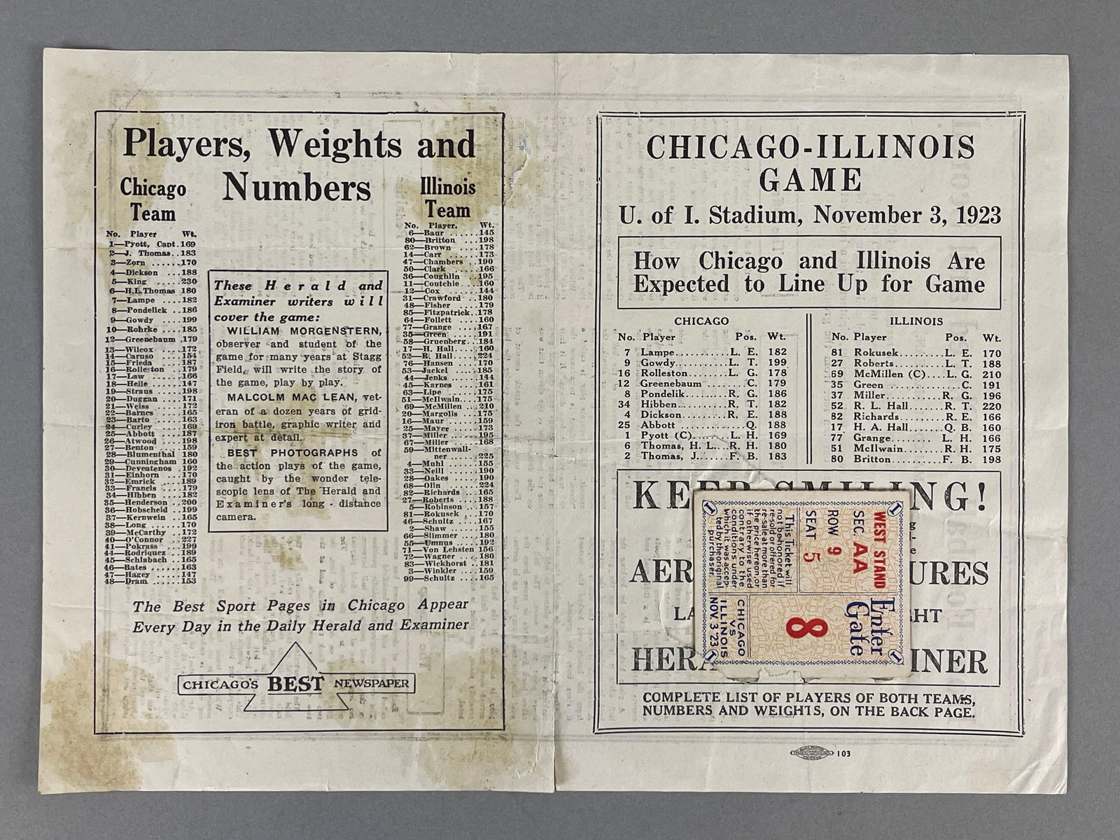 Rare 1923 University of Illinois 1st Football Ticket and Program at Memorial Stadium (1 of 2)