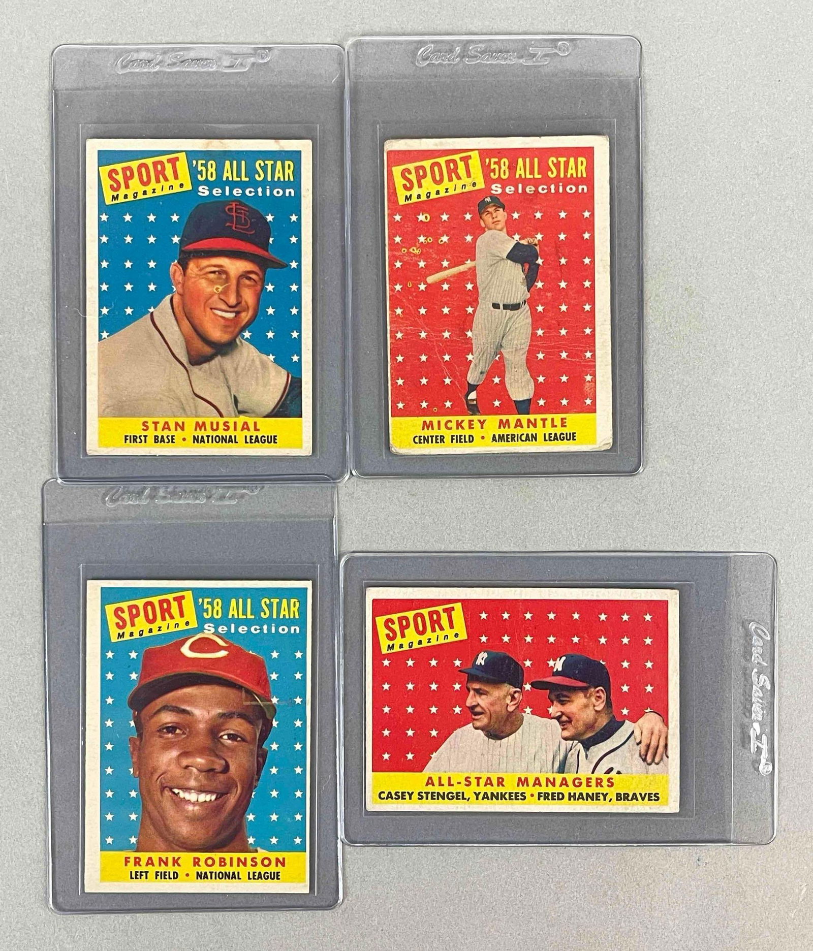 1958 Topps Mickey Mantle, Stan Musial, Frank Robinson, and Casey Stengel All-Star Cards (1 of 2)