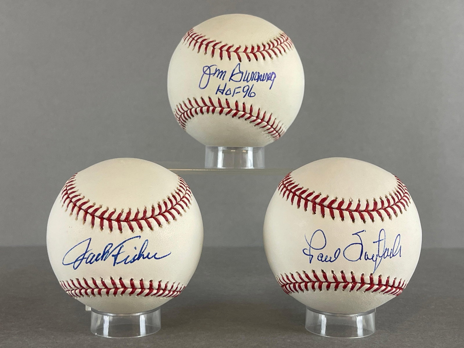 3 - Jim Bunning, Jack Fisher, Paul Foytack Signed Official MLB Rawlings Selig Baseballs: Autographed Jim Bunning HOF96, with Collectables Show October 2009 Ticket, Paul Foytack, and Jack Fisher, We guarantee these to pass a 3rd party authentication, 2 - Cases included