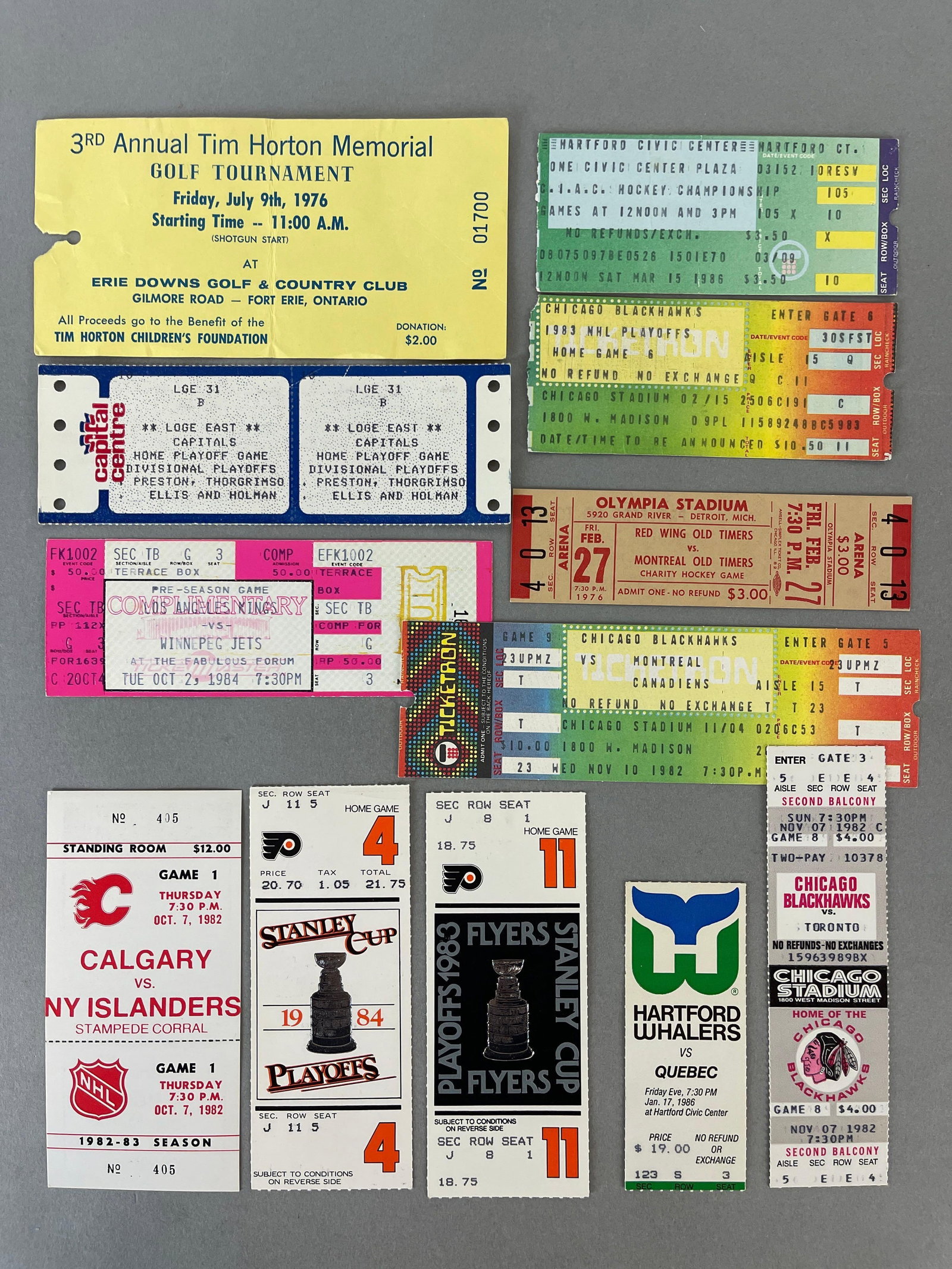 12 - 1970s - 80s Hockey Tickets with Tim Horton Golf Tournament Pass: 1982 Calgary Flames Game Opener, 1976 Red Wings Old Timers vs Montreal Old Timers, Stanley Cup, and More