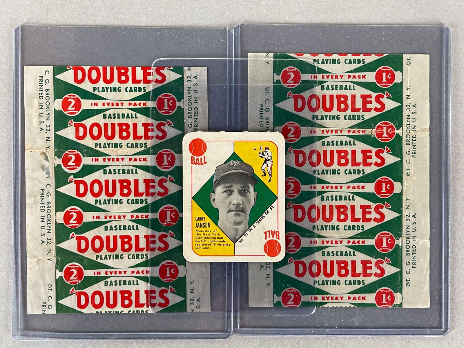 2 - 1951 Topps Baseball Red back 1 cent Wax Pack Wrappers + Larry Jansen #21: Nice looking card VGEX