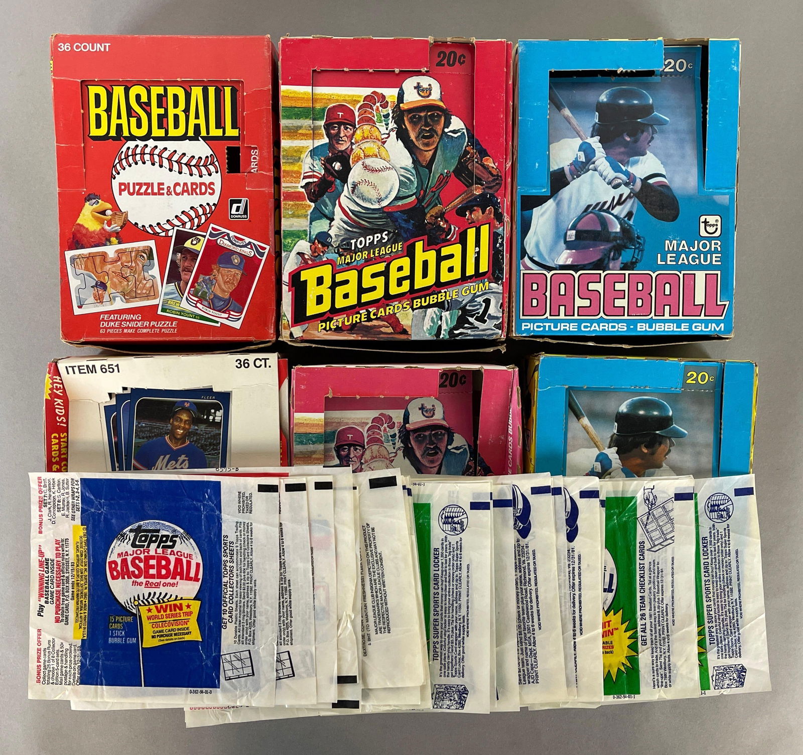 6 - 1978 - 86 Topps Fleer and Donruss Empty Wax Boxes + 25 Wrappers (1 of 3)
