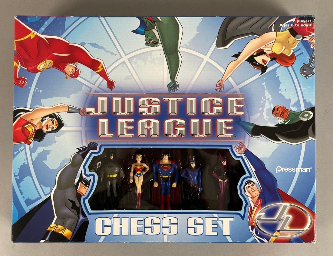 2004 Pressman Justice League Chess Set: Hand painted chess pieces, includes board. Damaged original box measures 11 1/2 x 15 1/4 2 1/4 inches