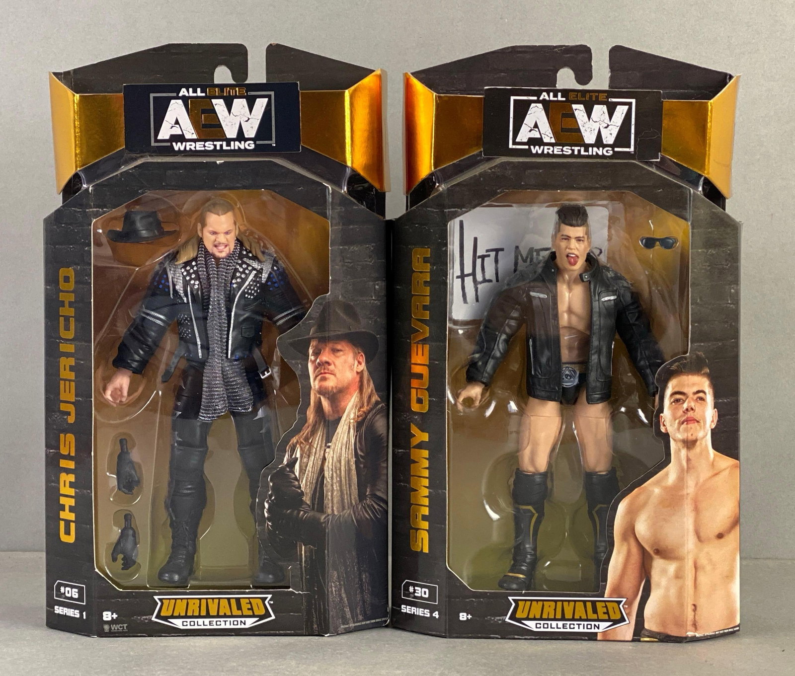 Group of 2 AEW Unrivaled Collection Action Figures: All elite wrestling, includes Chris Jericho and Sammy Guevara, sealed like new, measures 10 1/2 x 6 x 2 1/2 inches