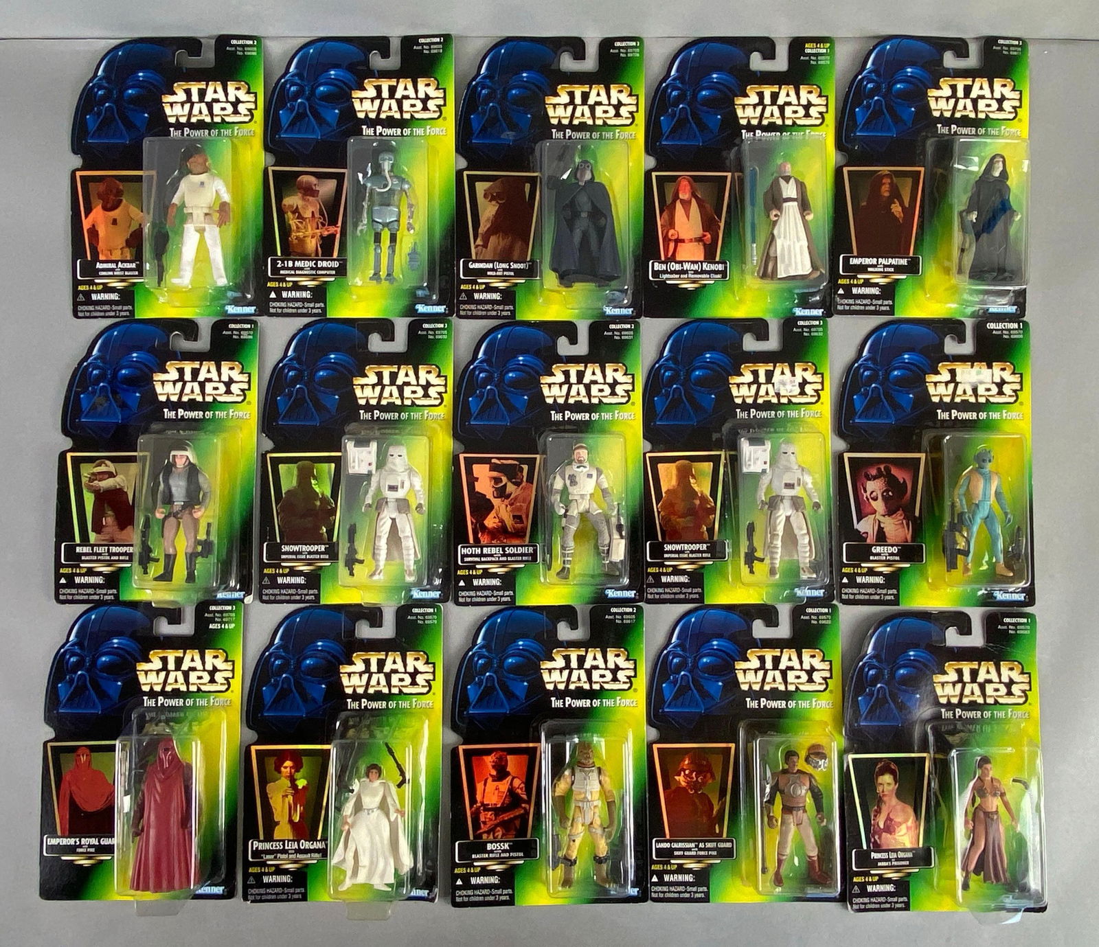 Group of 15 Kenner Star Wars The Power of the Force Action Figures: Includes Emperors Royal guard, Princess Leia Organa, Bossk and more, sealed, largest figure measures 4 inches tall