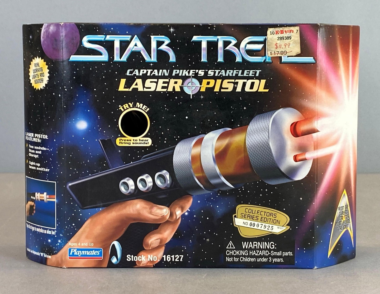 1997 Playmates Star Trek Captain Pikes Star Fleet Laser Pistol: In original sealed box, collectors edition No. 007925, measures 7 x 10 x 3 inches