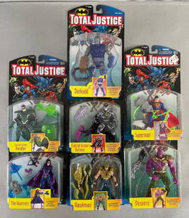 Group of 7 Kenner Total Justice Action Figures: Includes Fractal Armor Batman, emerald Twilight Parallax, the huntress and more, in original sealed packaging, largest measures 12 x 7 x 3 inches
