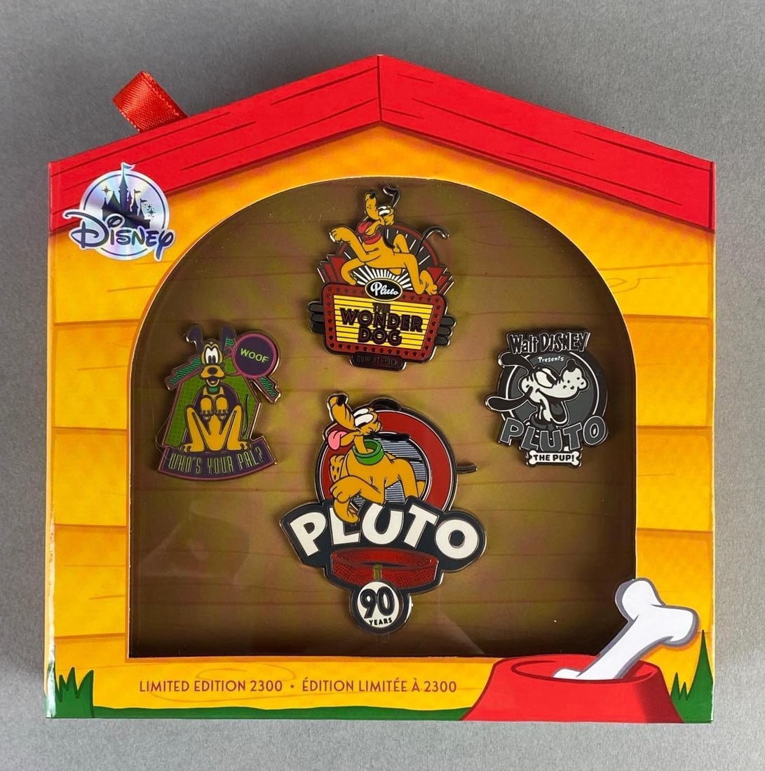2020 Disney Pluto 90th Anniversary Enamel Pin Set: Limited edition of 2300, Box measures 6 x 6 x 1 1/4 inches.