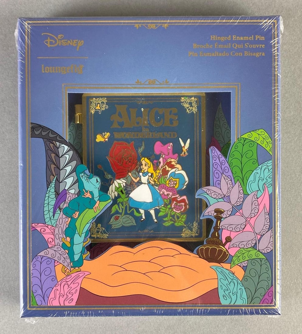 Disney Loungefly Alice in Wonderland Hinged Enamel Pin: Factory sealed, Limited Edition of 1500, Box measures 6 x 5 x 1 inches.