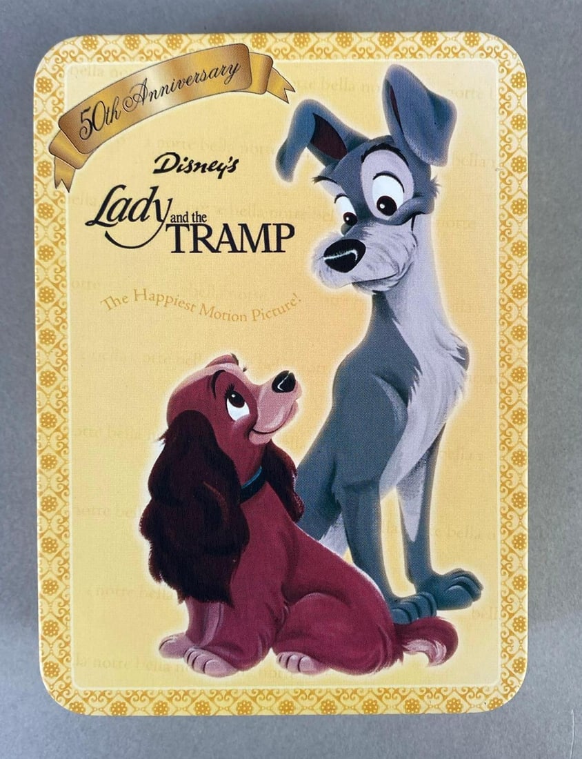 Disney Lady and the Tramp 50th Anniversary Wristwatch: With collectors tin, Untested, Box measures 4 1/2 x 6 x 1 1/2 inches.
