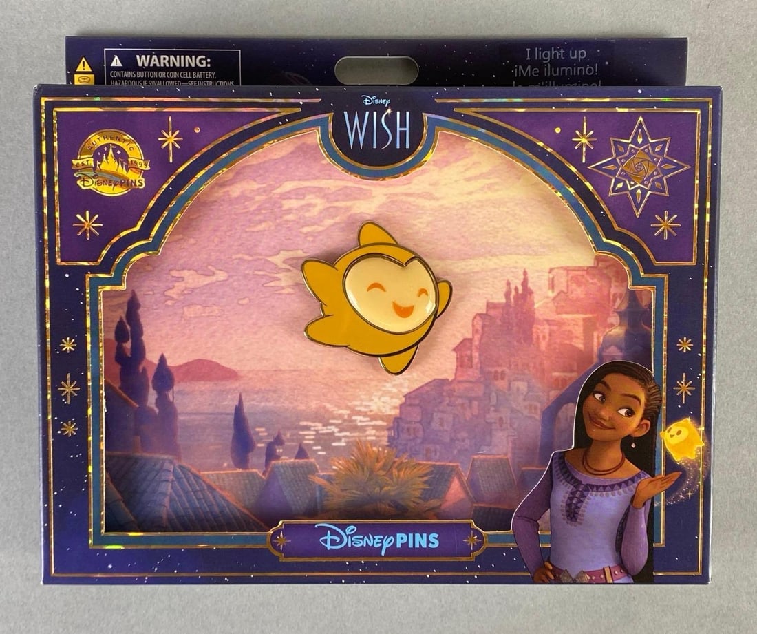 Disney Wish Light Up Enamel Pin: Box measures 6 1/4 x 7 1/2 x 1 1/4 inches.