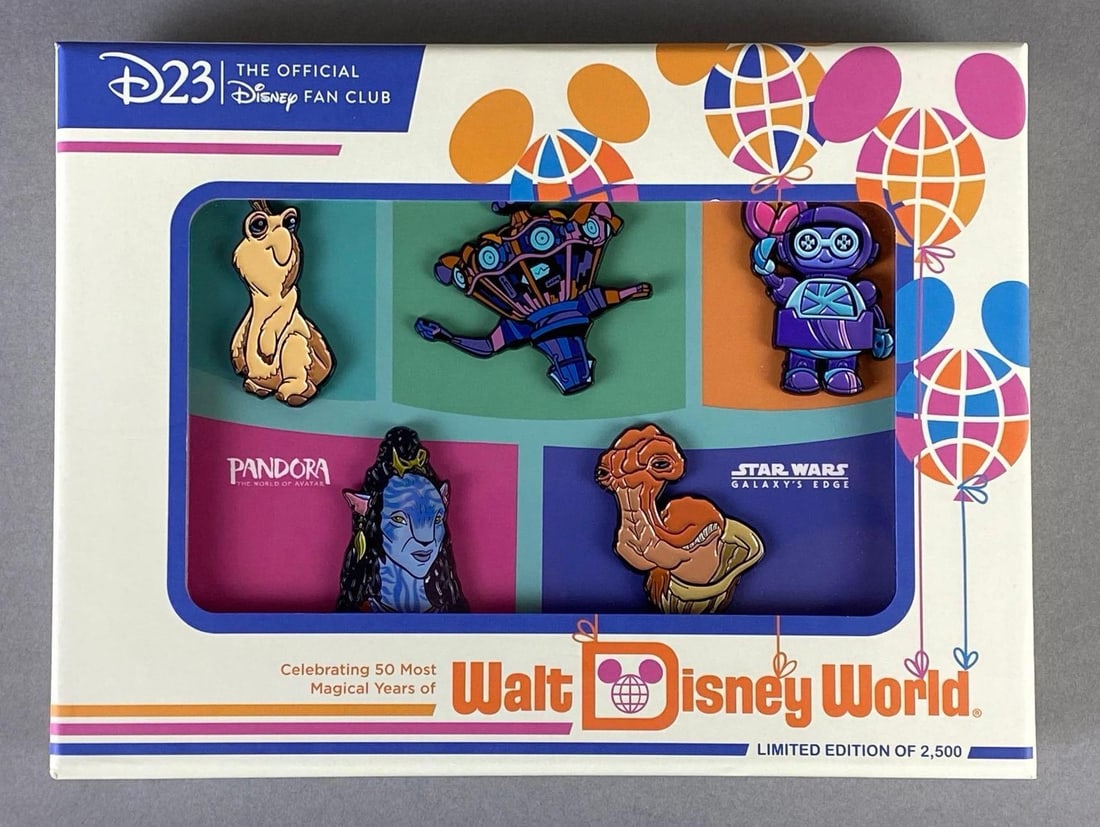 Walt Disney World D23 50th Anniversary Galactic Journeys Enamel Pin Set: Limited Edition of 2500, Box measures 6 1/4 x 8 1/2 x 1 1/4 inches.