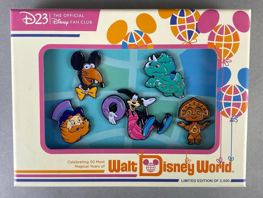 Walt Disney World D23 50th Anniversary The Vacation Kingdom of the World Enamel Pin Set: Limited Edition of 2500, Box measures 6 1/4 x 8 1/2 x 1 1/4 inches.