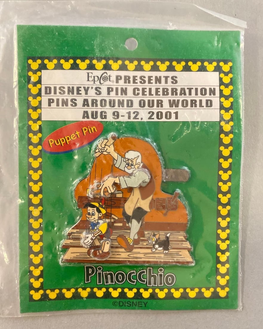 Disney Pinocchio Enamel Pin: Working condition unknown. Features Geppetto andPinocchio. Pin measures 2 x 2 inches.