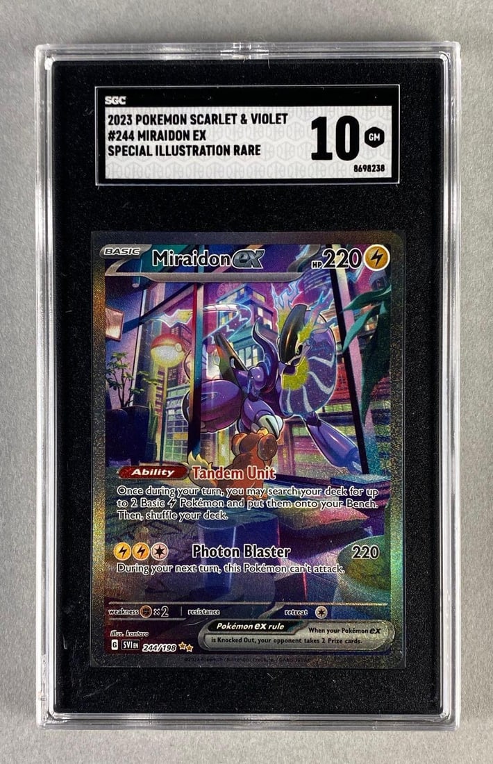 SGC Graded 2023 Pokémon Scarlet and Violet No. 244 Miraidon EX: SGC 10, GM, No. 244/198, Special Illustration Rare.