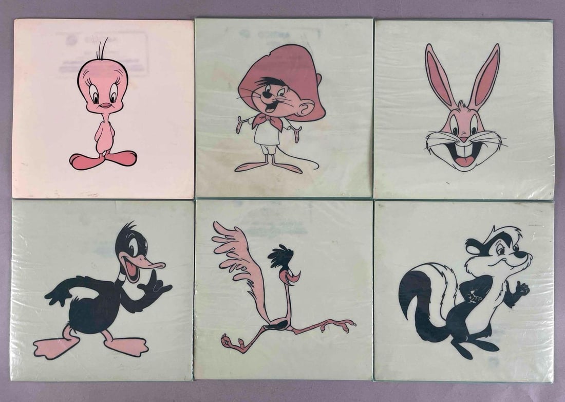 Group of 6 Vintage Looney Tunes Vinyl Floor Tiles: Includes bugs bunny, Daffy Duck, tweety, and more. 9 x 9 inch tiles