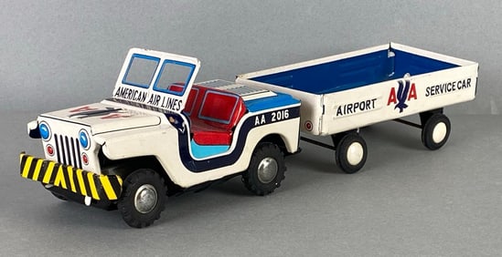 Tin Litho American Airlines Friction Jeep and Trailer
