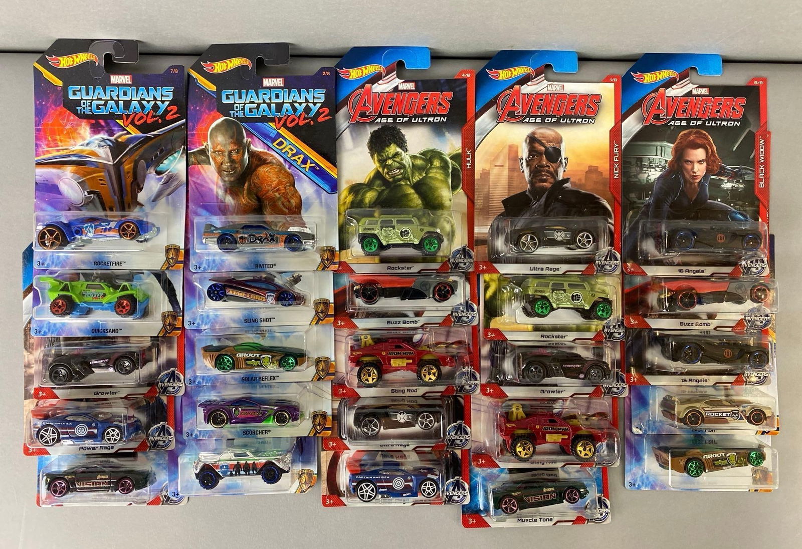Group of 25 Mattel Hot Wheels Marvel Die-Cast Vehicles: Includes Black Widow 16 Angels 8/8, Groot Solar Reflex 5/8, Hawkeye Growler 3/8 and more.
