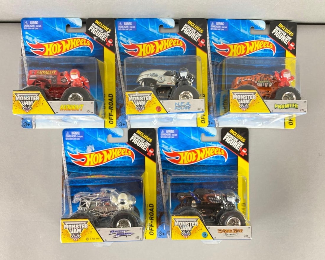 Group of 5 Mattel hot Wheels Monster Jams Vehicles: Includes Monster Mutt Rottweiler, Razin Kane, N.E.A Police and more.