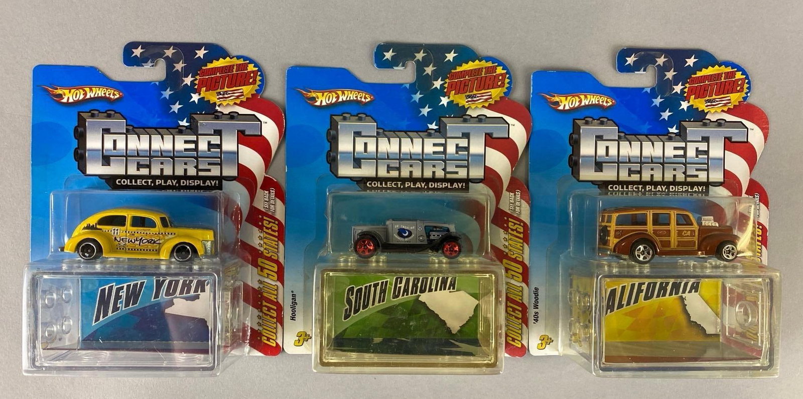 Group of 3 Mattel Hot Wheels Connect Cars Die-Cast Vehicles: Includes New York 1940 Fat Fender, South Carolina Hooligan and California 1940 Woodie.