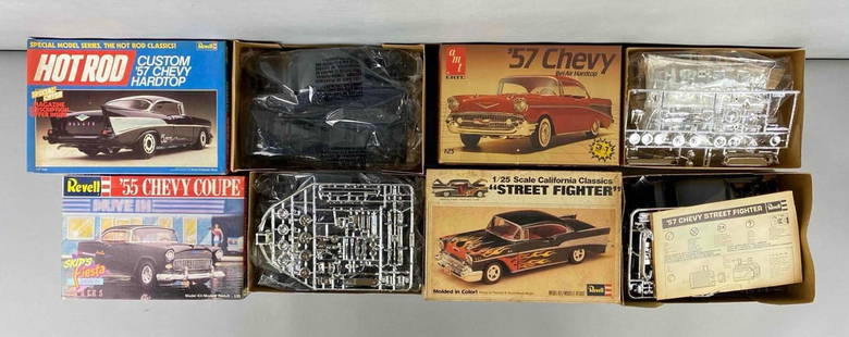 Group of 4 Chevrolet Model Car Kits: 1/25 scale. All opened. Complete sets. Includes Revell 1955 Chevy Coupe, Revell 1957 Custom Chevy Hardtop, AMT ERTL 1957 Chevy Bel Air Hardtop and more. Largest box measures 7 x 10 x 3 1/2 inches.