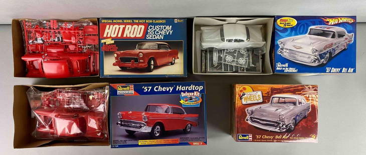 Group of 4 Revell Chevrolet Model Car Kits: one is factory sealed and 3 are unsealed. All sets anre complete. Includes 1/25 scale 1955 Custom Chevy Sedan, 1/24 scale 1957 Chevy Hardtop, 1/25 scale Bel Air and more. Largest box measures 7 1/2 x