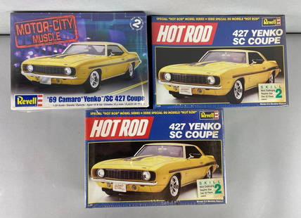 Group of 3 Chevrolet Yenko 427 Coupe Model Car Kits: 1/25 scale. Factory sealed. Includes 2 Revell 427 Yenko SC Coupe and a Revell 1969 Camaro Yenko SC 427 Coupe. Largest box measures 6 3/4 x 9 1/4 x 4 1/4 inches.