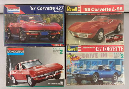 Group of 4 Chevrolet Corvette Mode Car Kits: All are factory sealed. Includes Monogram 1/24 scale 1965 Corvette Coupe, Monogram 1/25 scale 1967 Corvette 427 Roadster, Revell 1/25 scale 1968 Corvette L88 and more. Largest box measures 6 1/2 x 9 1