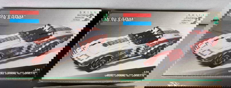 Group of 2 Monogram Chevrolet Owens Corning 427 Corvette Model Car Kits: 1/24 scale. One is factory sealed and one is opened. Largest box measures 6 1/2 x 9 1/2 x 3 1/4 inches.