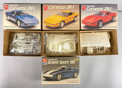 Group of 4 AMT ERTL Chevrolet Corvette Model Car Kits: 1/25 scale. 1 is factory sealed and 3 are opened. Complete sets. Includes Guldstrand Grand Sport 90 and 3 Corvette ZR-1. Largest box measures 6 3/4 x 9 1/4 x 3 3/4 inches