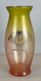 Art Nouveau Owl Silver Overlay Art Glass Vase