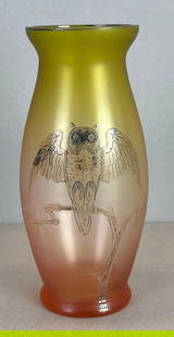 Art Nouveau Owl Silver Overlay Art Glass Vase: Features silver overlay on rim and owl, most silver rubbed off owl, measures 5 3/4 x 2 1/2 inches