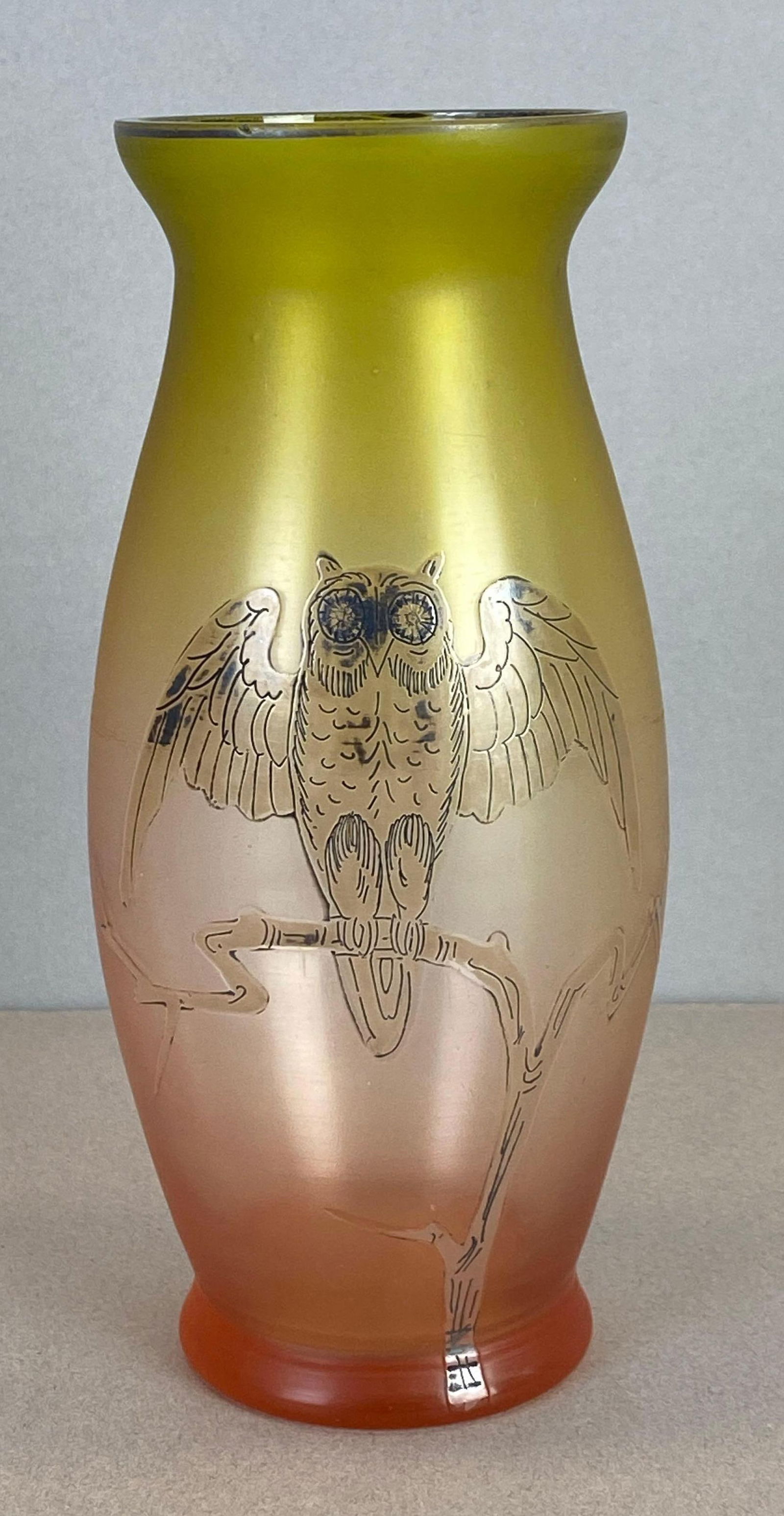 Art Nouveau Owl Silver Overlay Art Glass Vase