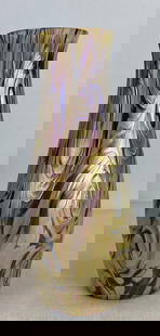 Josef Rindskopf Corrugated Art Nouveau Iridescent Art Glass Vase: Measures 8 x 3 1/2 x 3 1/2 inches