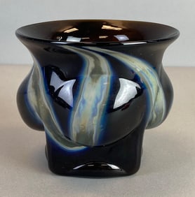 Artist Signed Iridescent Opal Swirl Black Art Glass Vase
