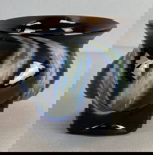 Artist Signed Iridescent Opal Swirl Black Art Glass Vase: pontil mark present, Artist named etched on base, small deformity/chip on interior wall, measures 4 1/2 x 6 x 6 inches
