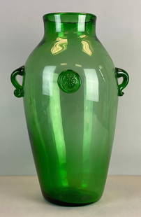 Monumental Saint-Prex Style Green Art Glass Handled Lion Emblem Vase: Pontil mark present, needs cleaning, measures 19 x 12 x 9 1/2 inches