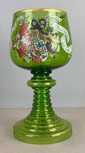 Large German Roemer Green Glass Chalice: Unknown family heraldry on face, Measures 12 1/2 x 6 x 6 inches
