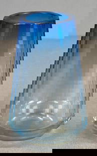 Mid-Century Modern Baccarat Blue Clear Paneled Cut Glass Vase: makers mark etched into base, measures 4 x 2 1/2 x 2 1/2 inches