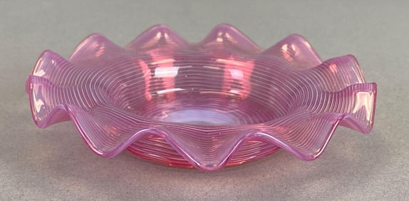 Victorian Pink Opalescent Ruffled Threaded Glass Under Plate