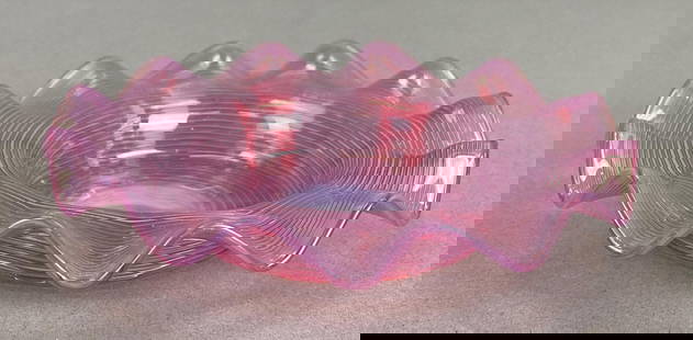 Victorian Pink Opalescent Ruffled Threaded Glass Under Plate: Measures 4 1/2 x 1 inches