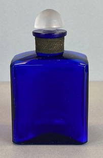 Art Deco Cobalt Blue Wire Wrapped Neck Glass Bottle/Flask: Features frosted clear stopper, measures 5 1/2 x 3 x 2 1/4 inches