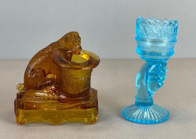 Group of 2 Colored Pressed Glass Toothpick and Matchstick Holders