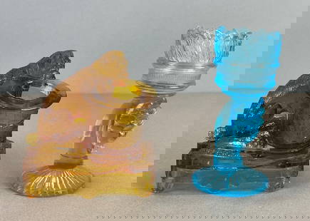 Group of 2 Colored Pressed Glass Toothpick and Matchstick Holders: Includes Candlestick and match holder, candlestick has crack near rim, largest measures 4 x 2 x 2 inches