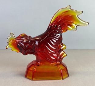 Mid-Century Modern Amberina Rooster Pressed Glass Figurine